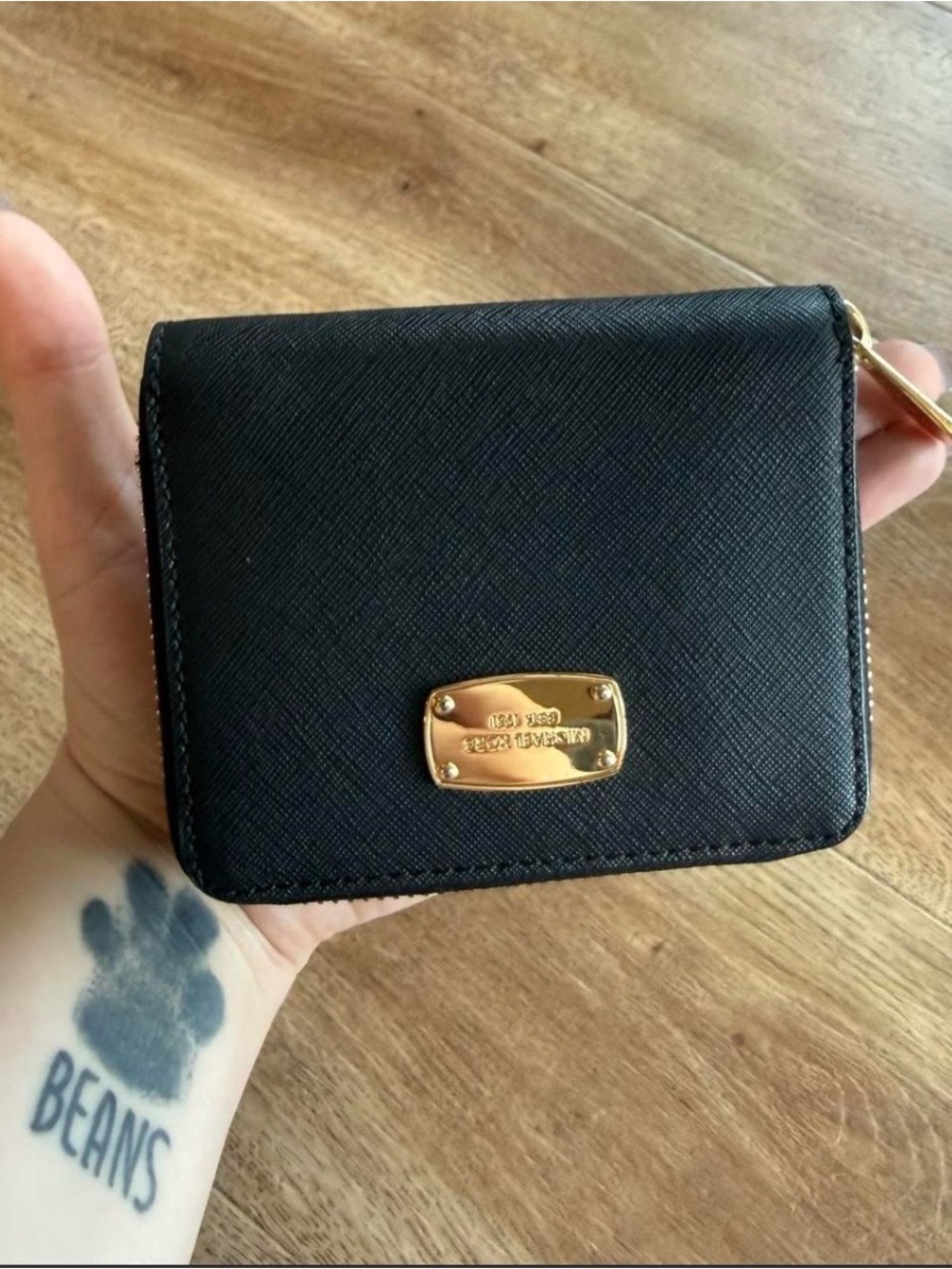 Michael Kors Black Saffiano Leather Compact Wallet with Gold Plate